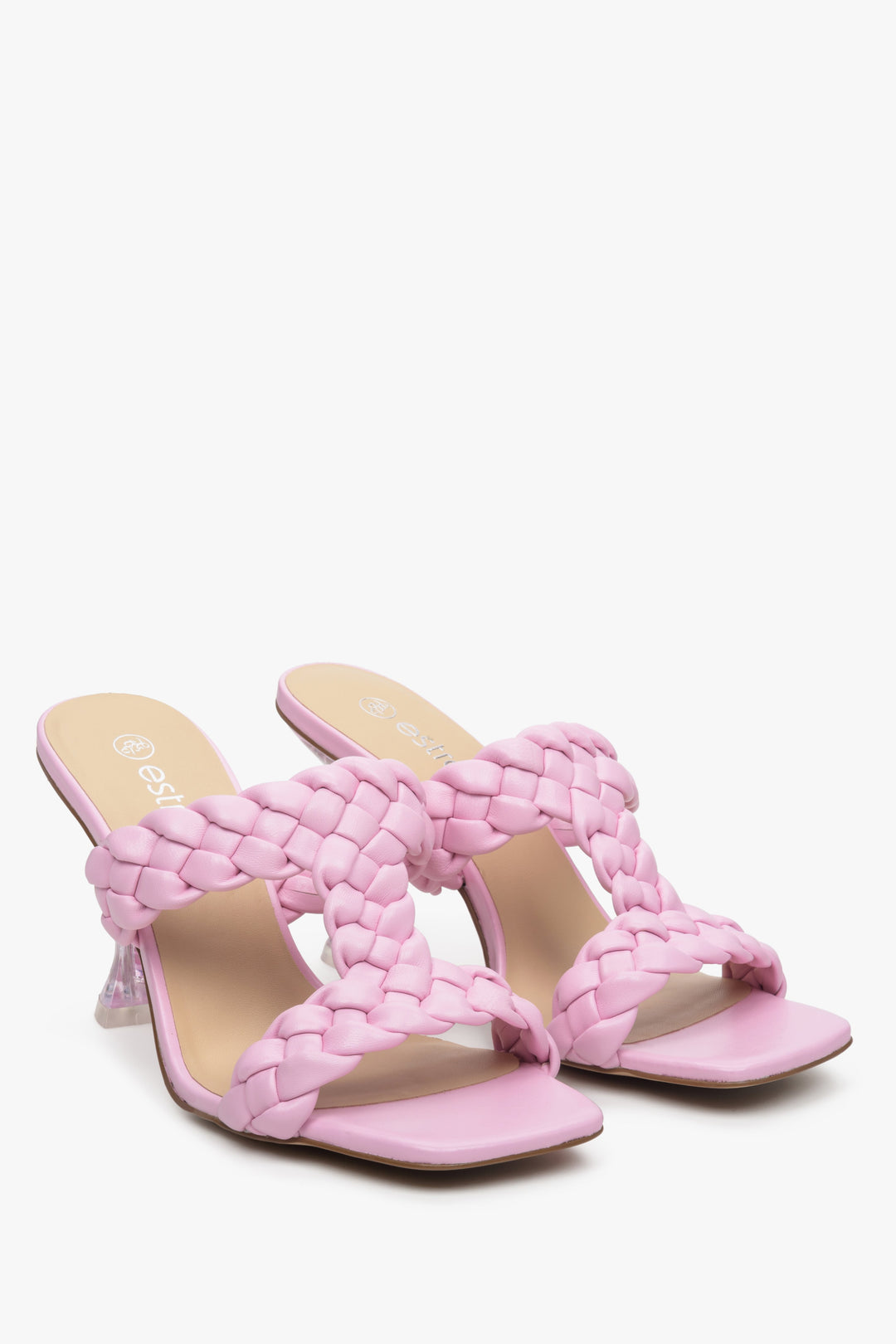 Pink Leather women's mules on a funnel heel, Estro brand.