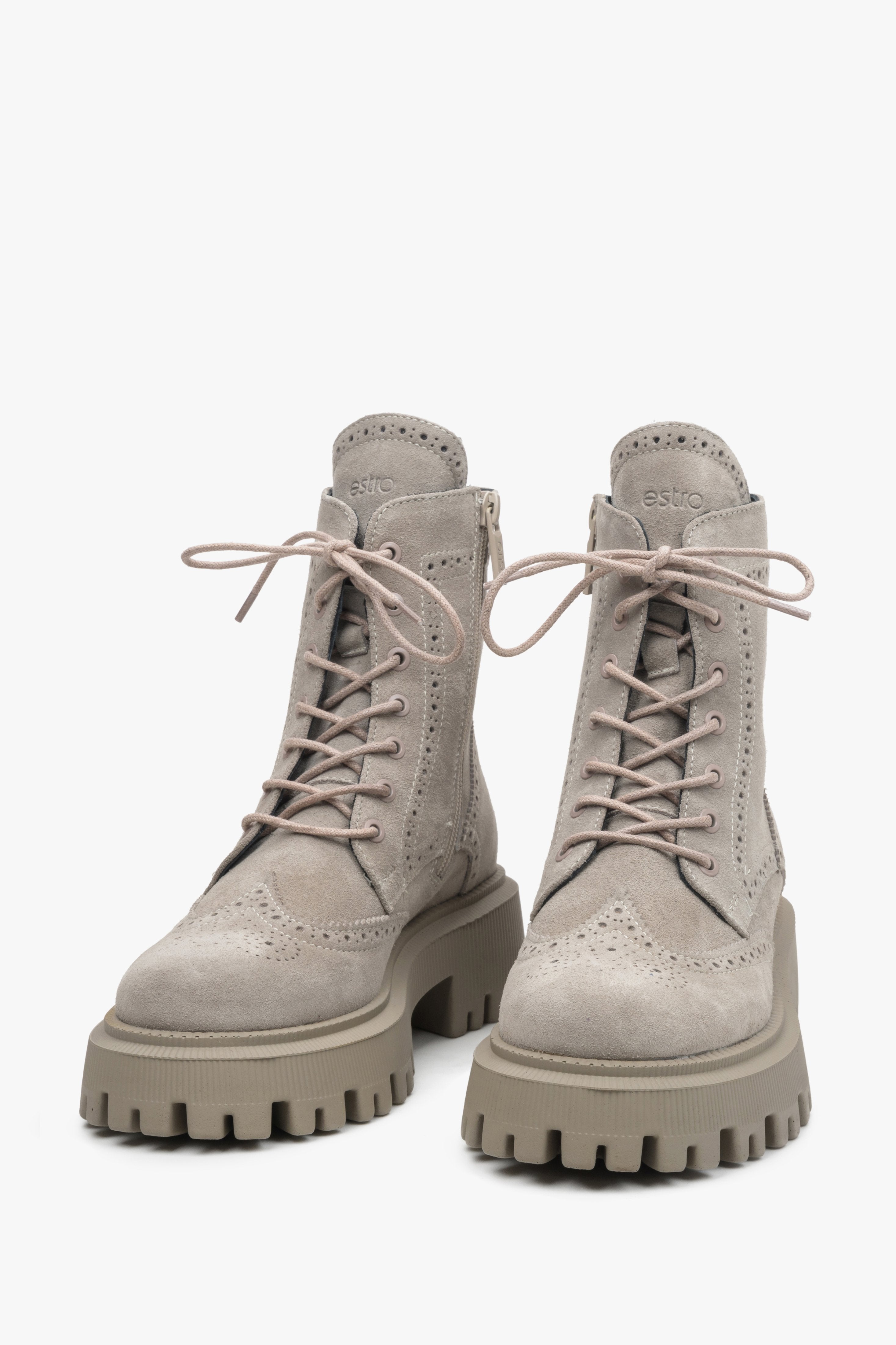 Grey suede Estro women's ankle boots with laces by Estro.