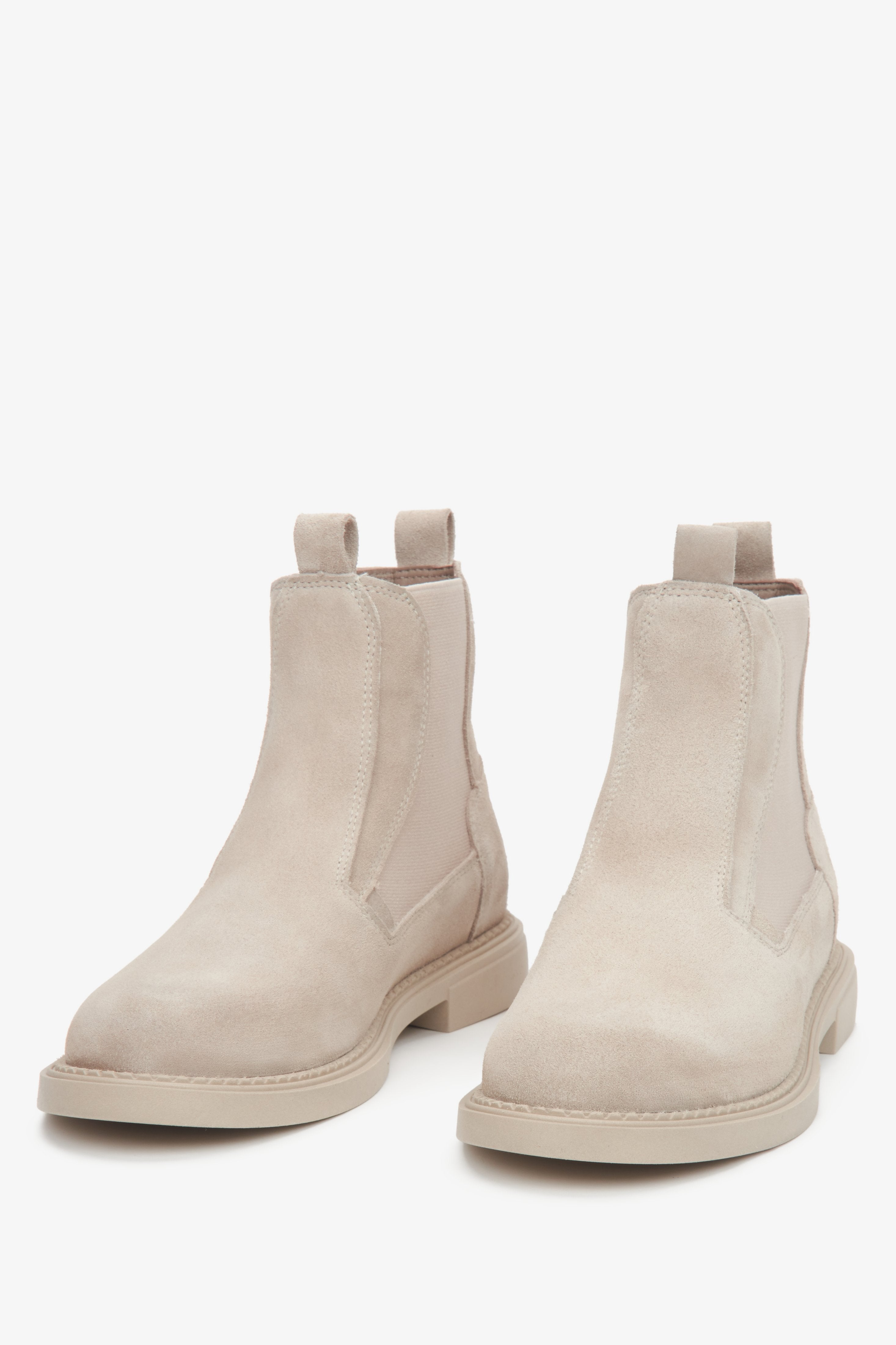 Light Beige Chelsea Boots for Women Made of Genuine Italian Velour by Estro - a close-up on shoes' toeline.