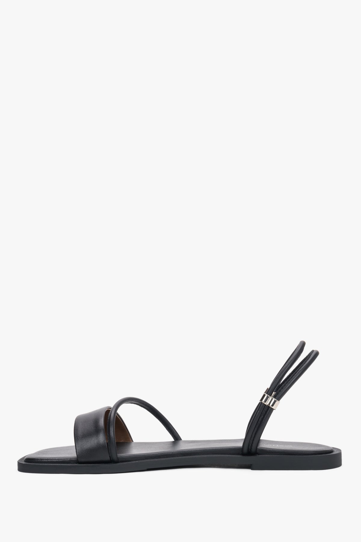 Women’s lightweight black sandals with thin straps made of genuine leather by Estro – side view.