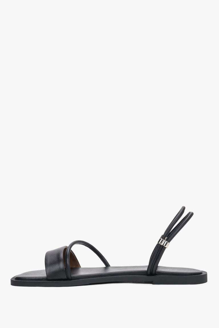 Women’s lightweight black sandals with thin straps made of genuine leather by Estro – side view.