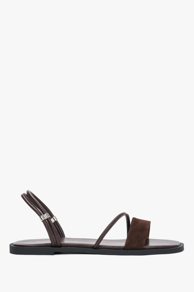 Women’s Dark Brown Flat Sandals with Thin Straps made of Genuine Leather and Velour Estro ER00119759.