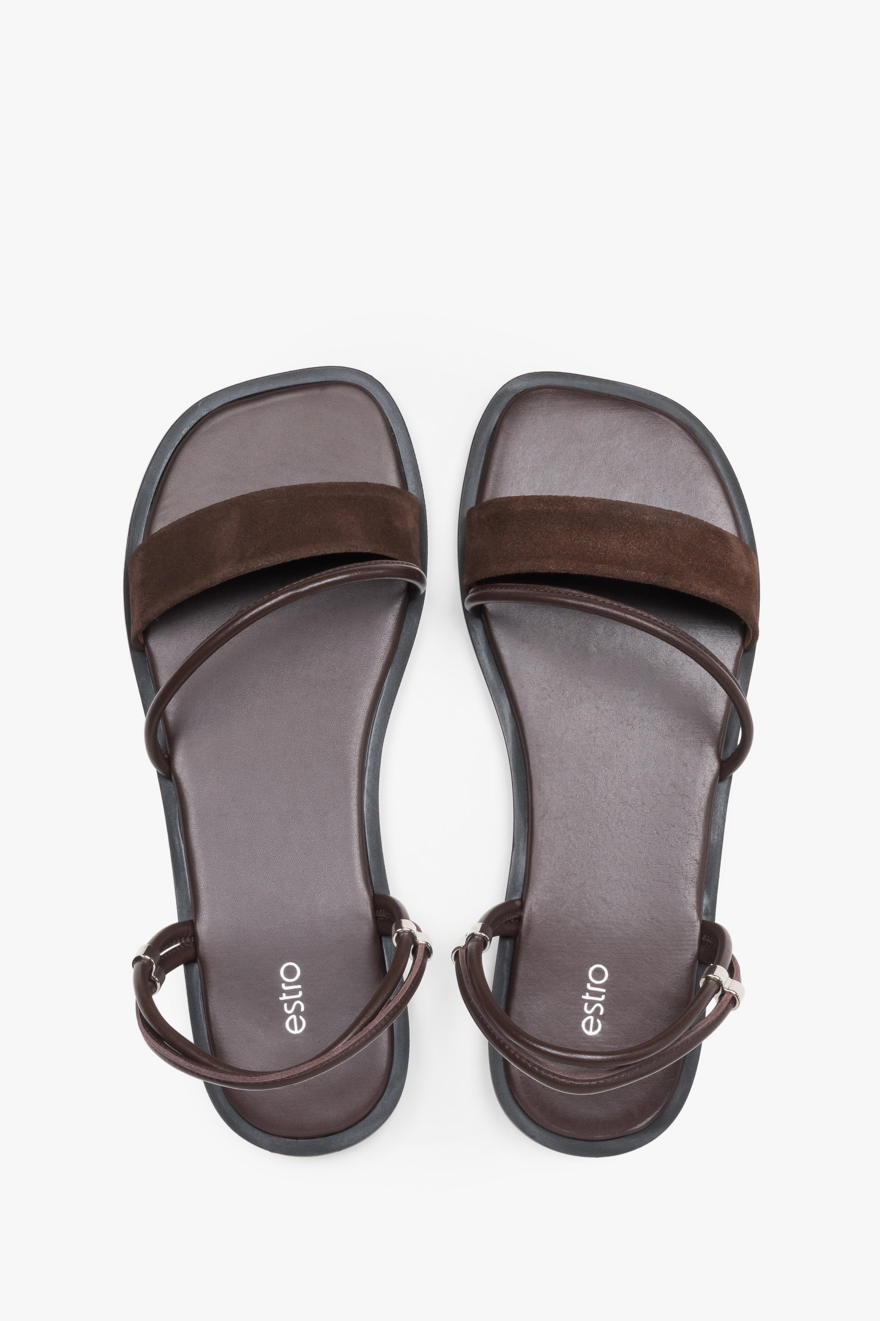 Women’s lightweight dark brown sandals with thin straps made of genuine leather by Estro – top view.