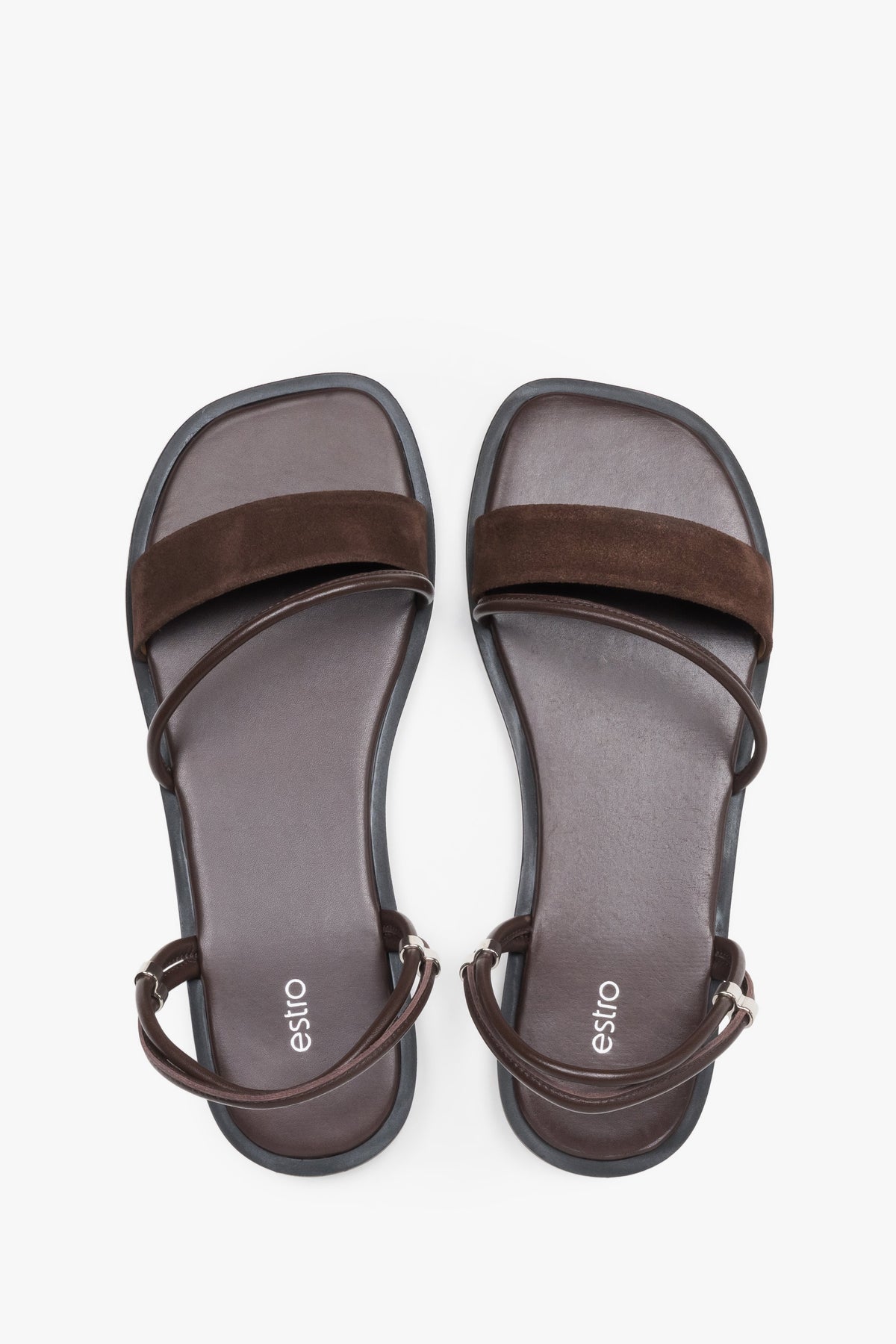 Women’s lightweight dark brown sandals with thin straps made of genuine leather by Estro – top view.