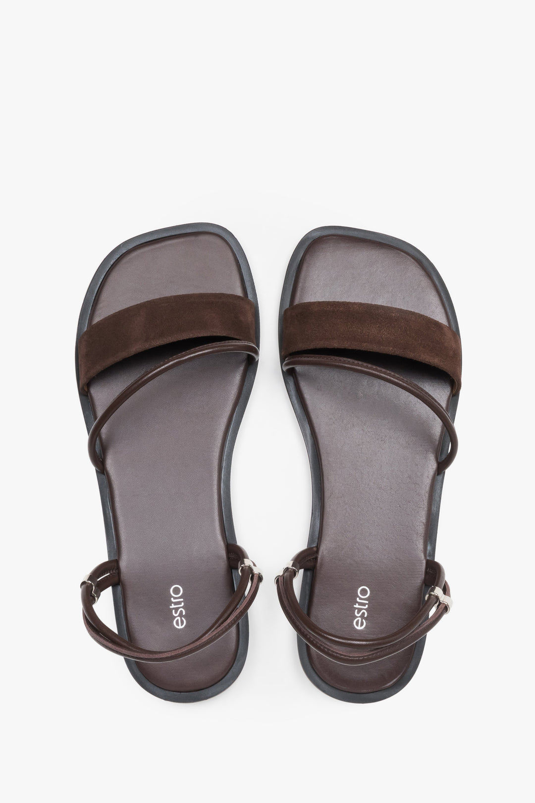 Women’s lightweight dark brown sandals with thin straps made of genuine leather by Estro – top view.