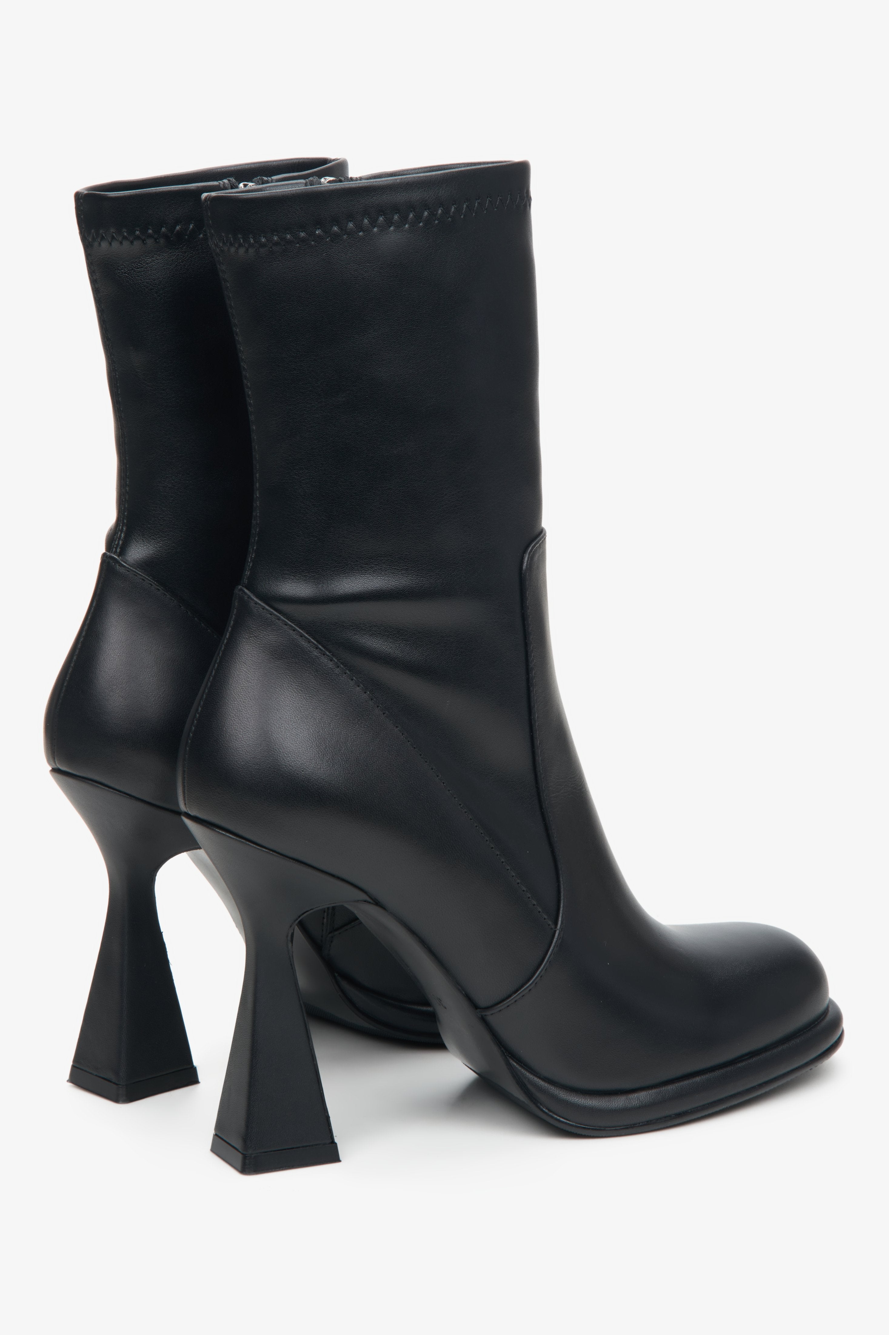 Women's black ankle boots with funnel heel made of genuine leather by Estro