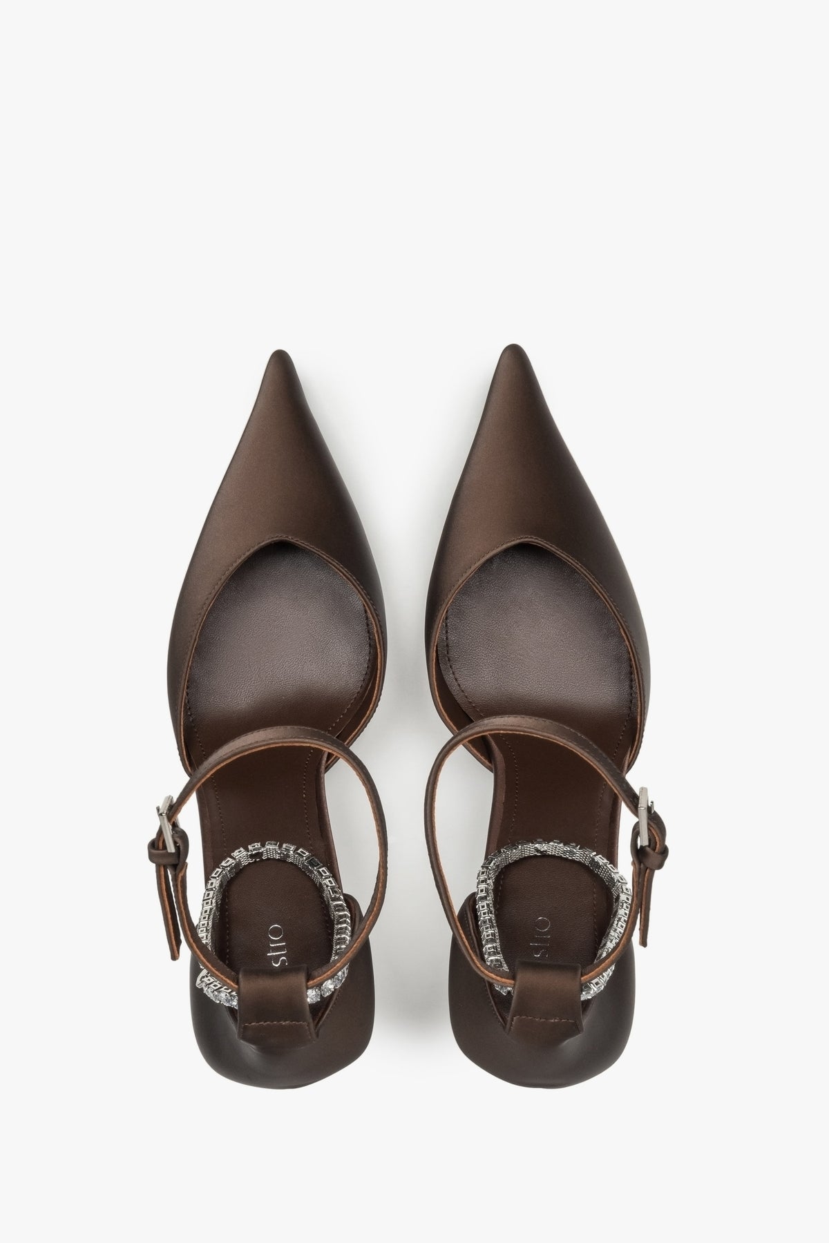 Stylish dark brown pumps with crystals and textured leather by Estro – top view presentation.