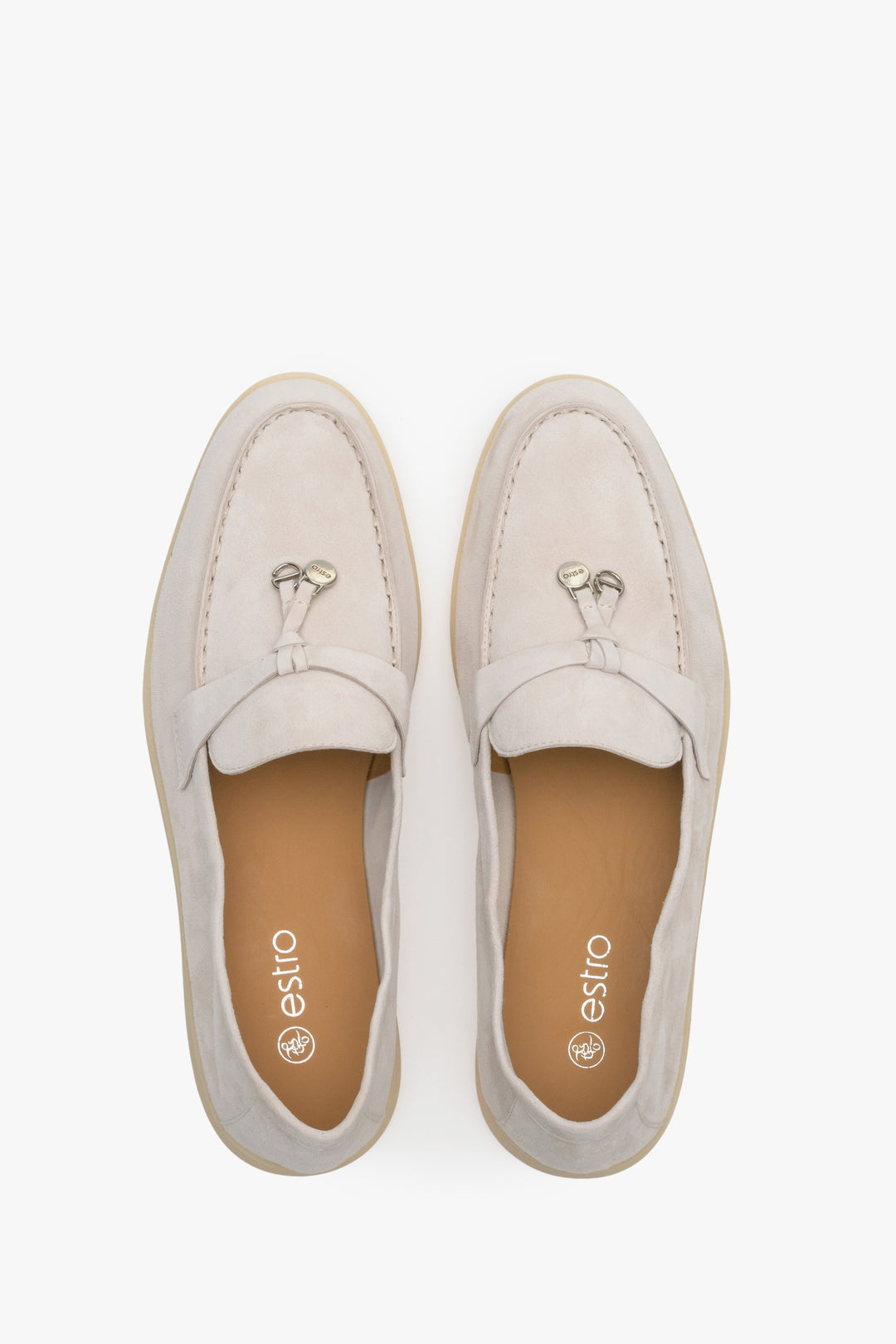 Women's cream beige velour loafers - presentation from above.