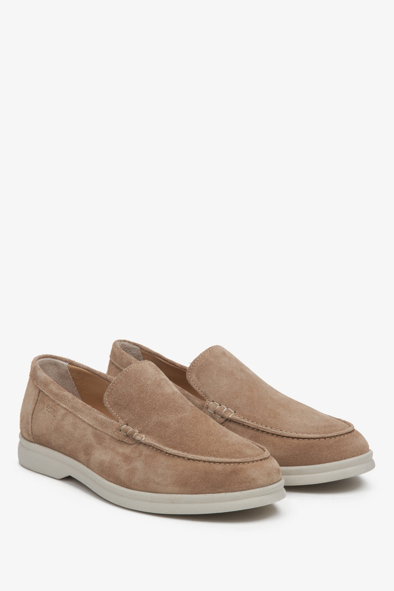 Elegant light brown velour loafers for her - presentation of a shoe toe and sideline.