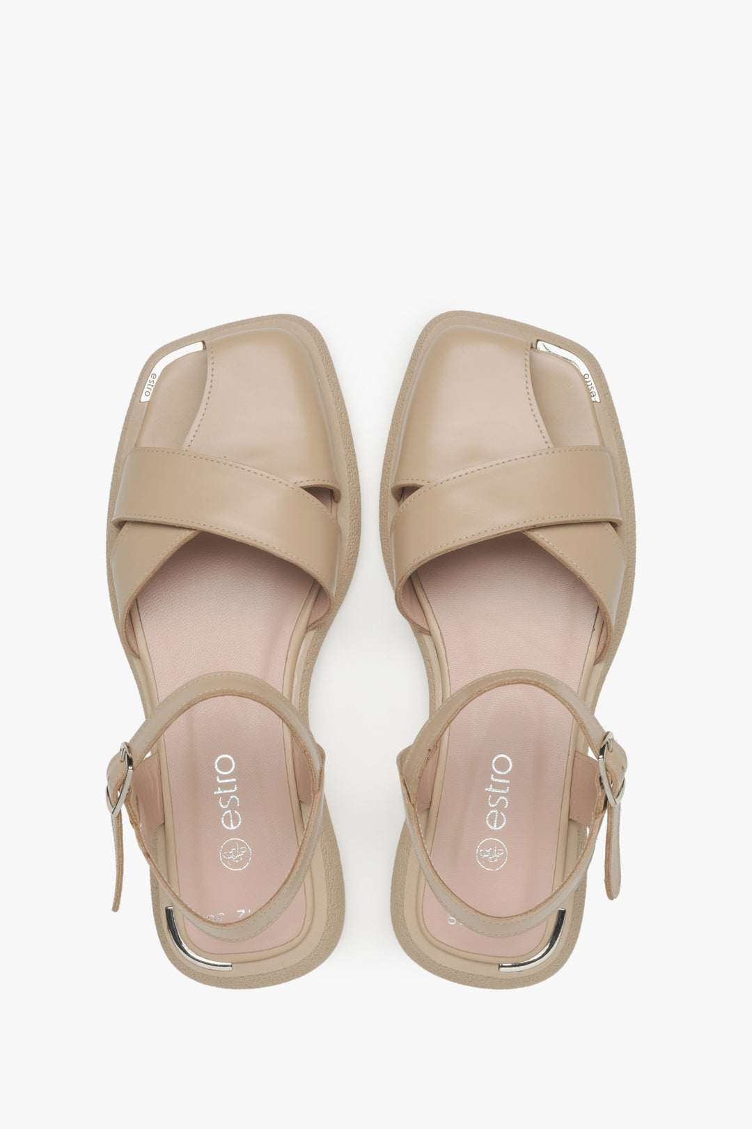 Women's beige leather sandals by Estro - top view presentation of the model.