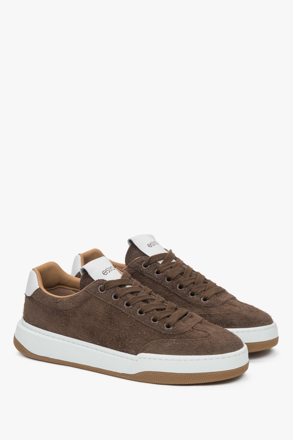 Brown women's sneakers made of genuine velour with a cushioned sole - side profile view.