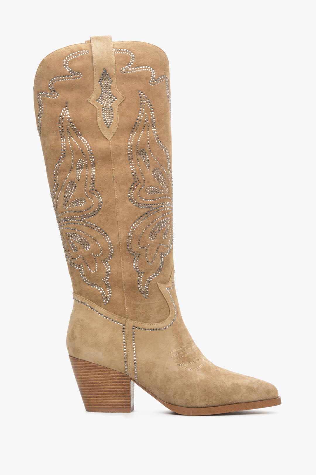 Velour women's cowboy boots with a high upper in beige by Estro - shoe profile.