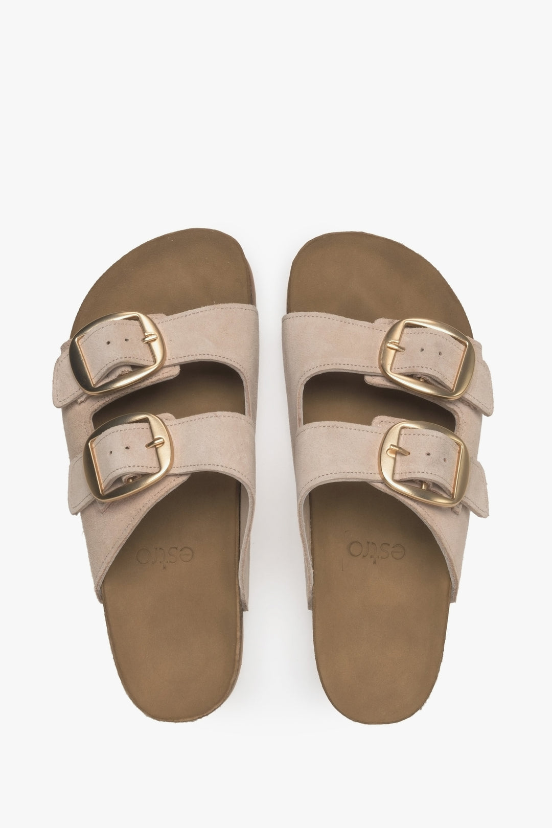 Women's beige Estro sandals with thick velour straps - top view presentation of the model.