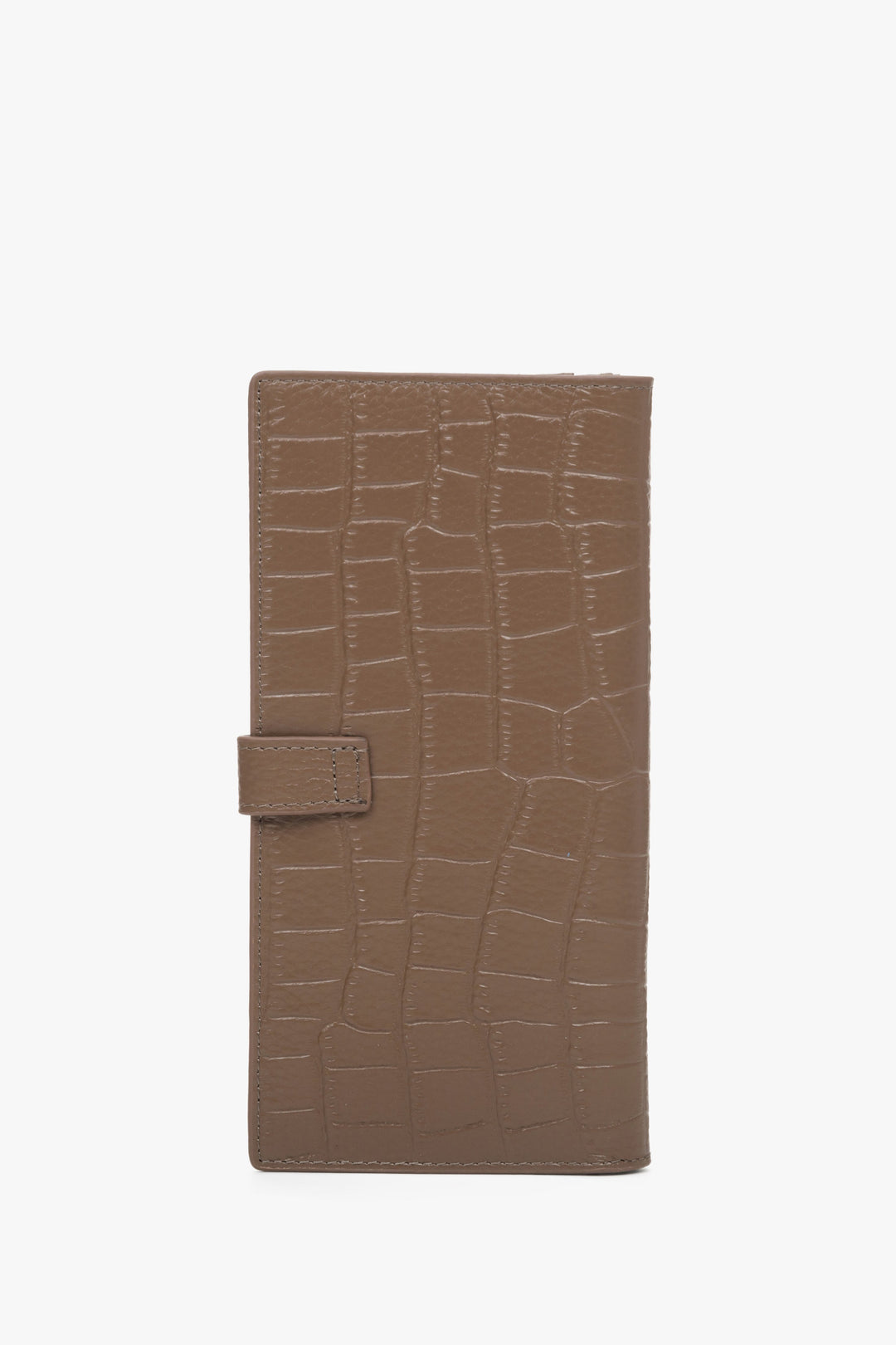 The back of a large brown women's wallet made of embossed genuine leather with gold details by Estro.