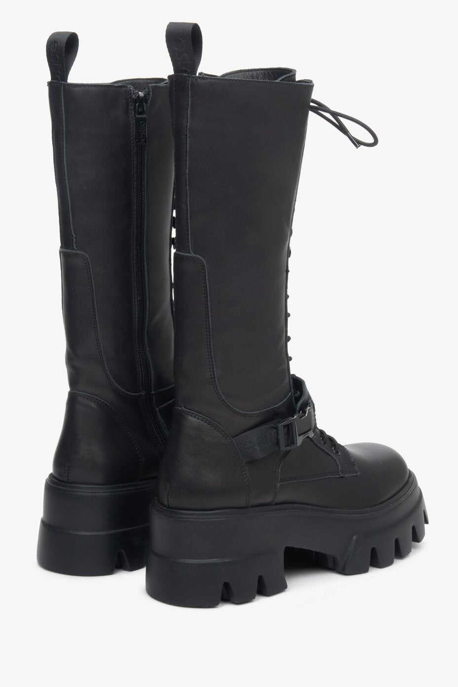 Women's high black leather combat boots by Estro - close-up on the back part of the boot shaft.