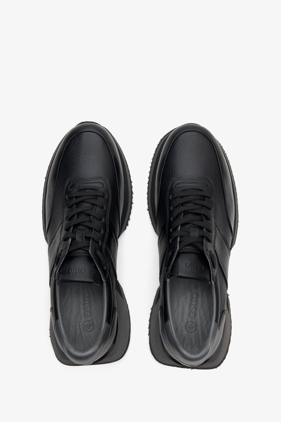 Men's sporty black sneakers in genuine leather by Estro - top view presentation of the model.