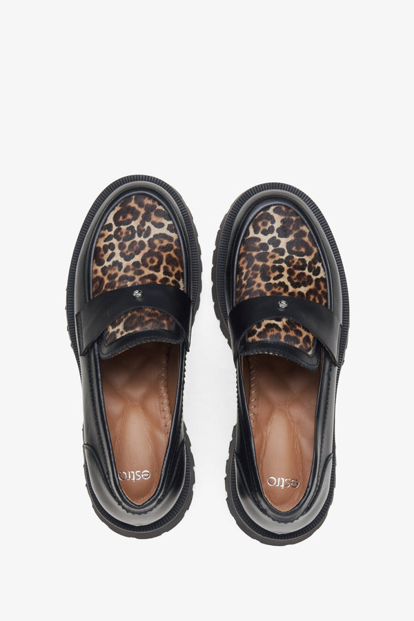 Women's black loafers with a leopard print made of genuine leather - top view of the model.