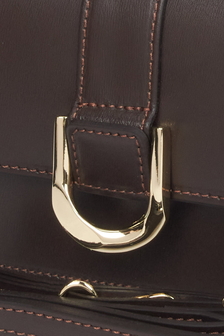 Small, dark brown leather handbag by Estro - close-up of the gold details.