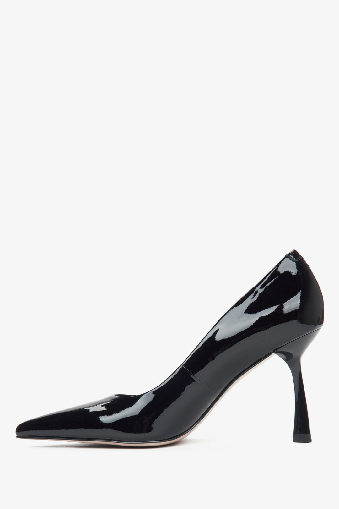 Estro black high heels made of patent genuine leather with a pointed toe - side profile of the shoe.