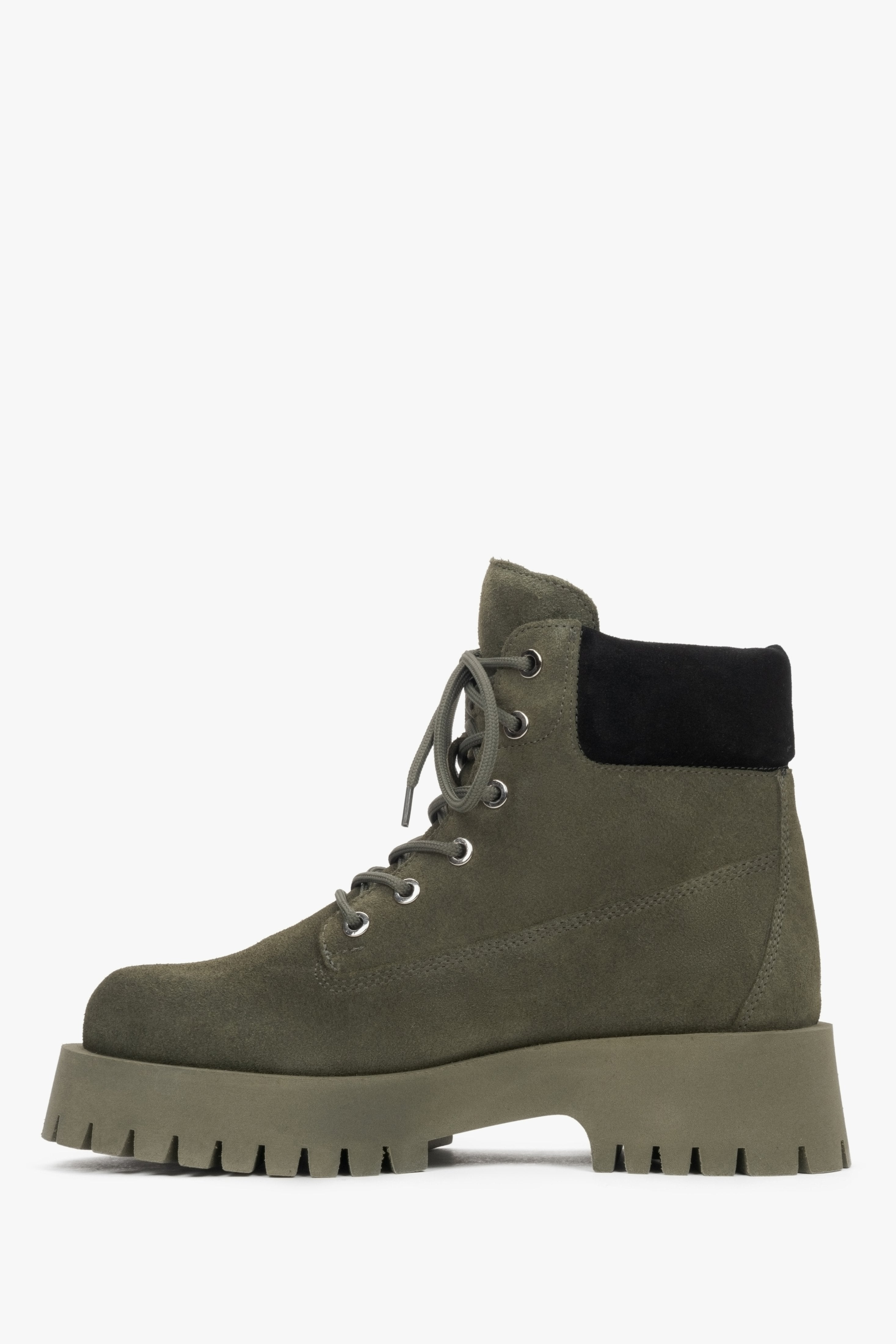 Women's velour ankle boots by Estro in dark green - side profile.