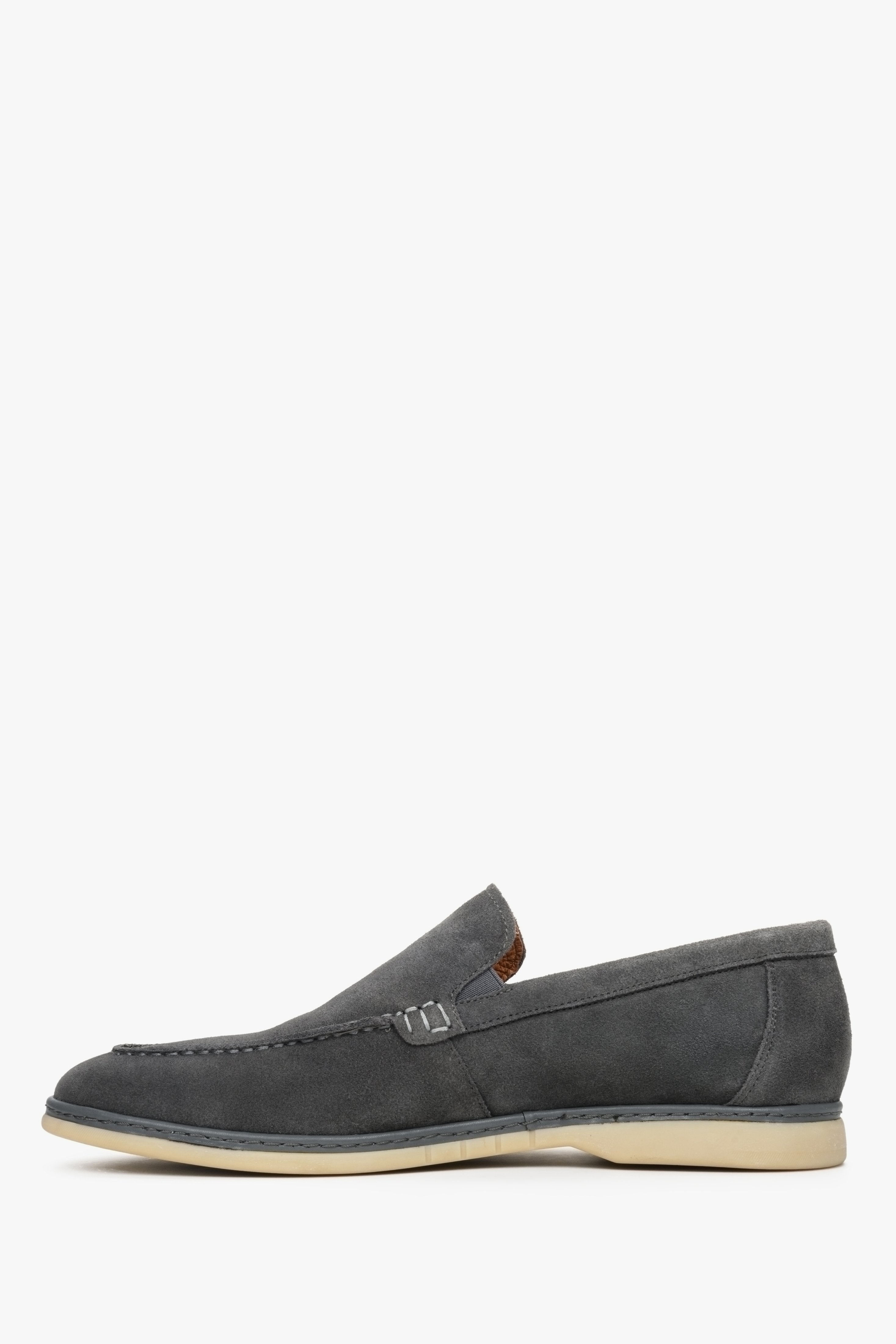 Men's grey velour loafers for fall - shoe profile.