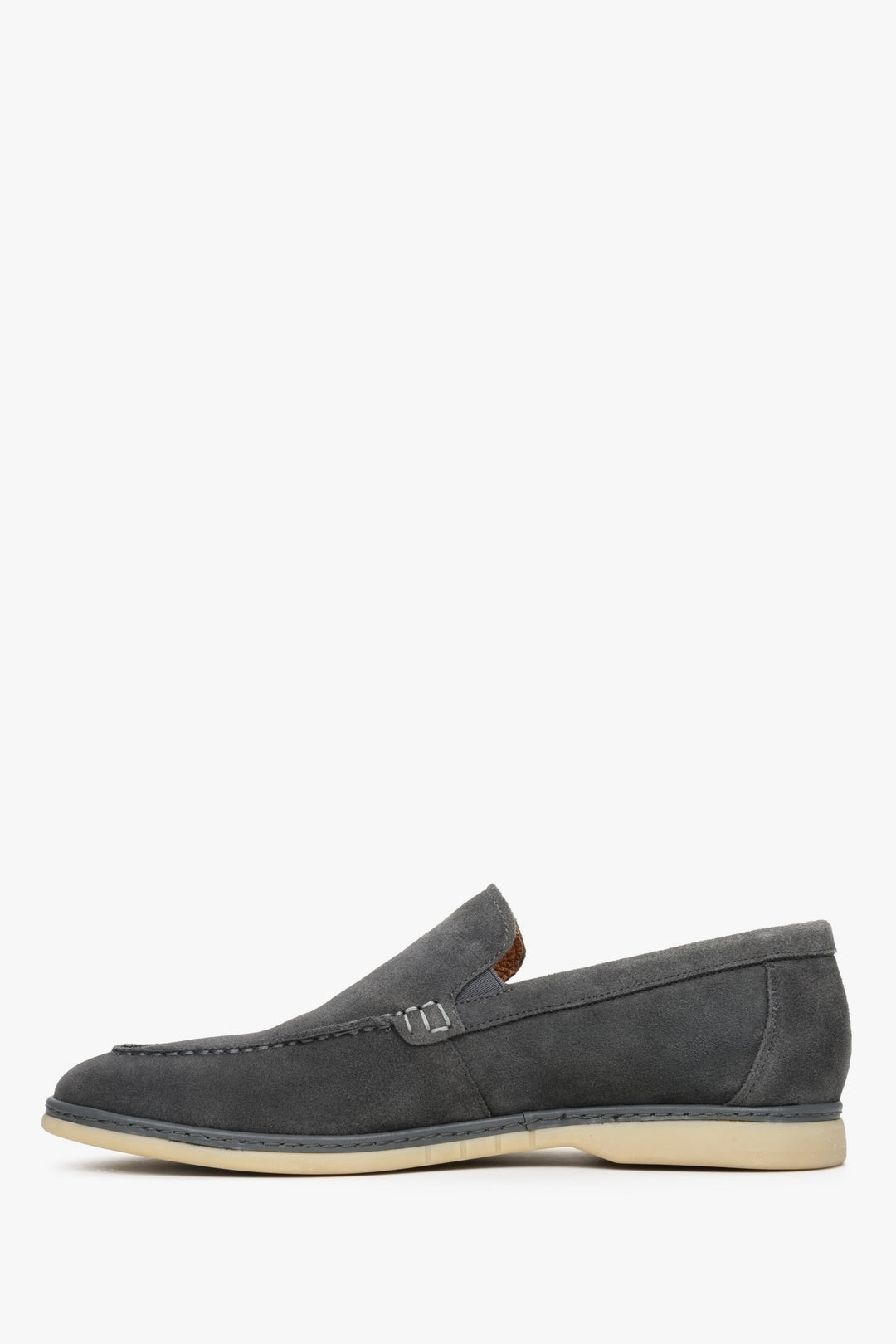 Men's grey velour loafers for fall - shoe profile.