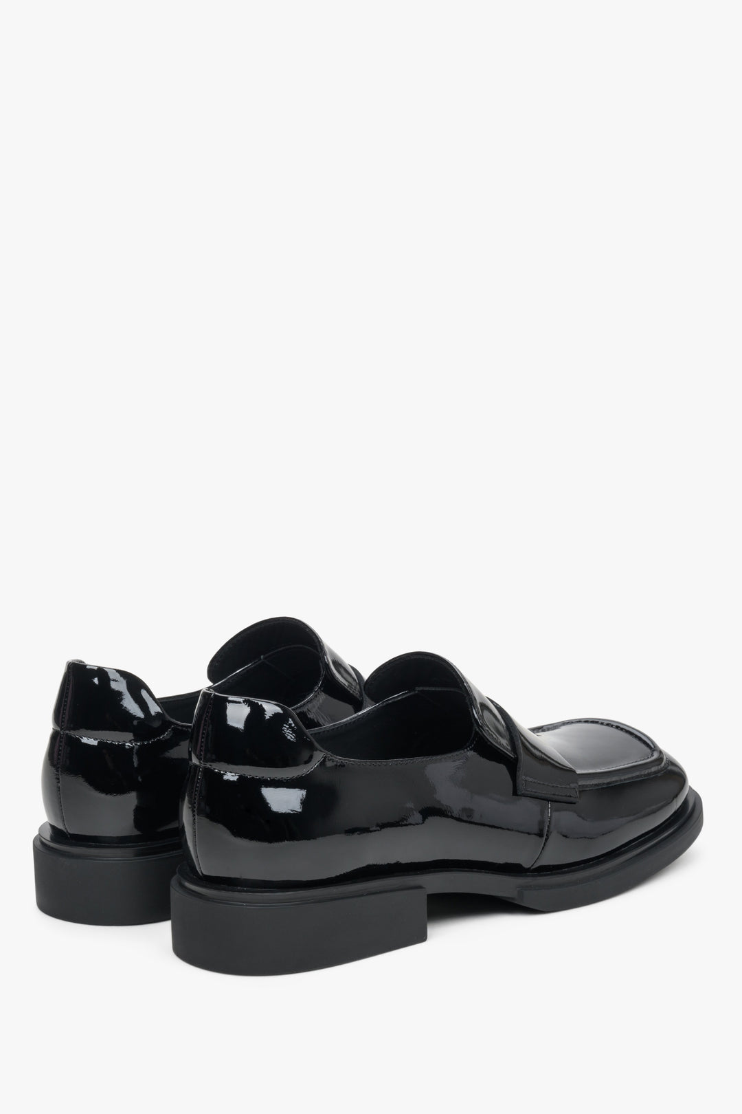 Women's black, patent leather moccasins with a square toe - side view and heel.