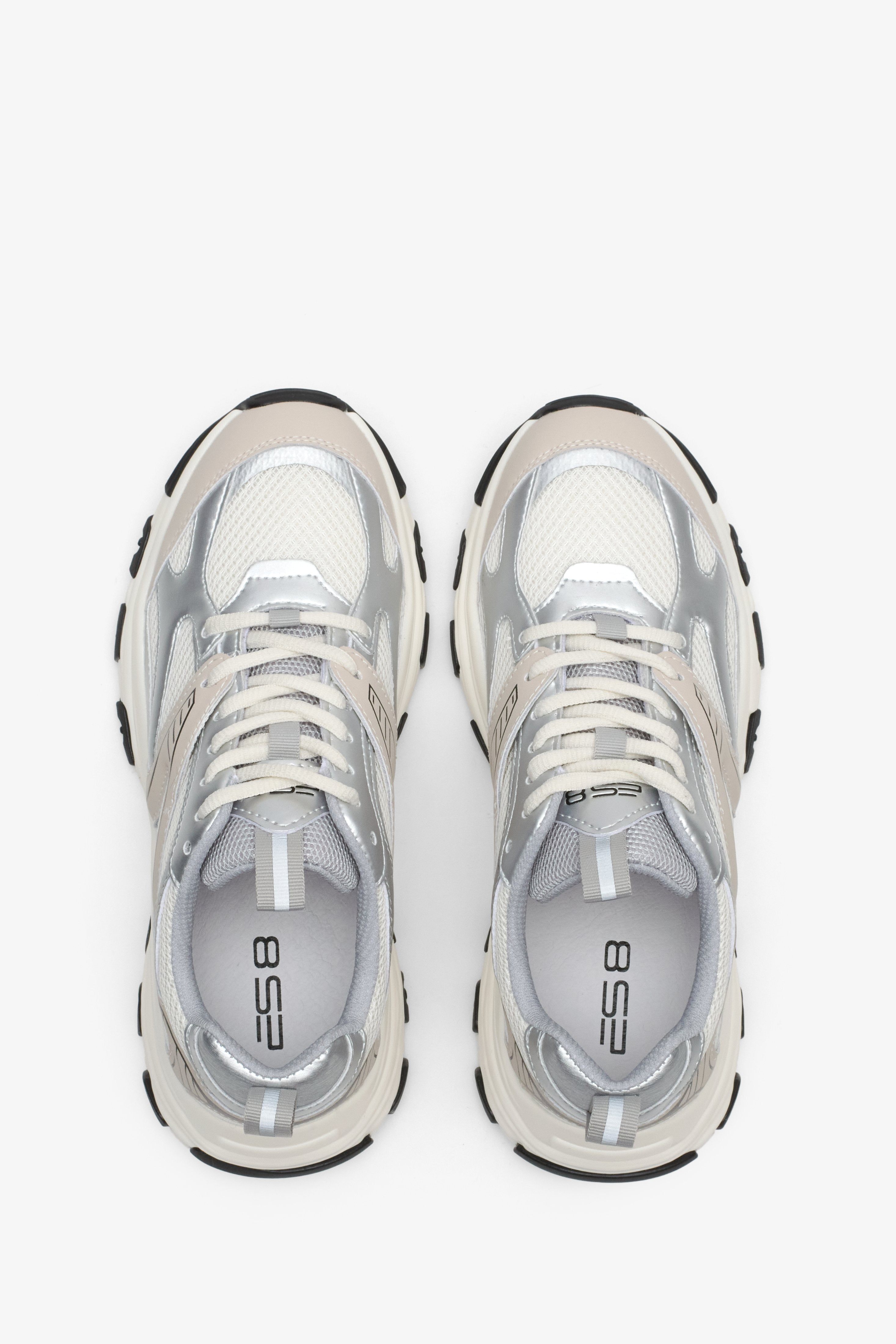 ES8 women's sneakers in milky beige-silver color - top view presentation of the model.