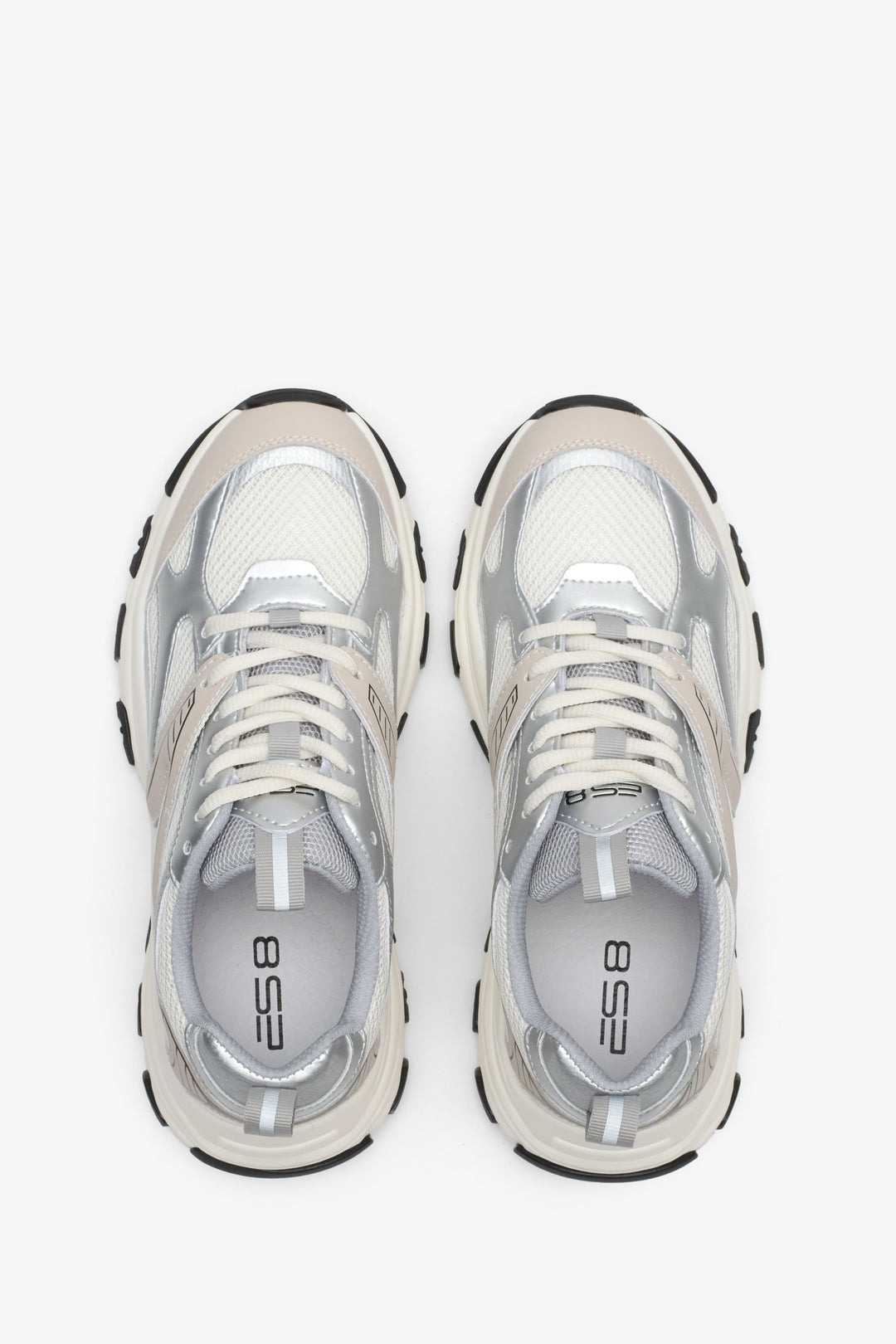 ES8 women's sneakers in milky beige-silver color - top view presentation of the model.