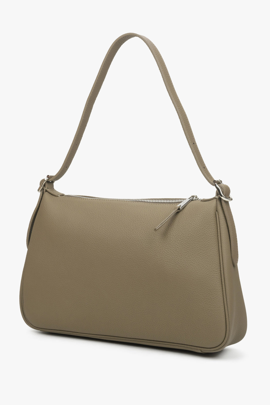 Women's shoulder bag made of genuine leather, in a beige-grey colour.
