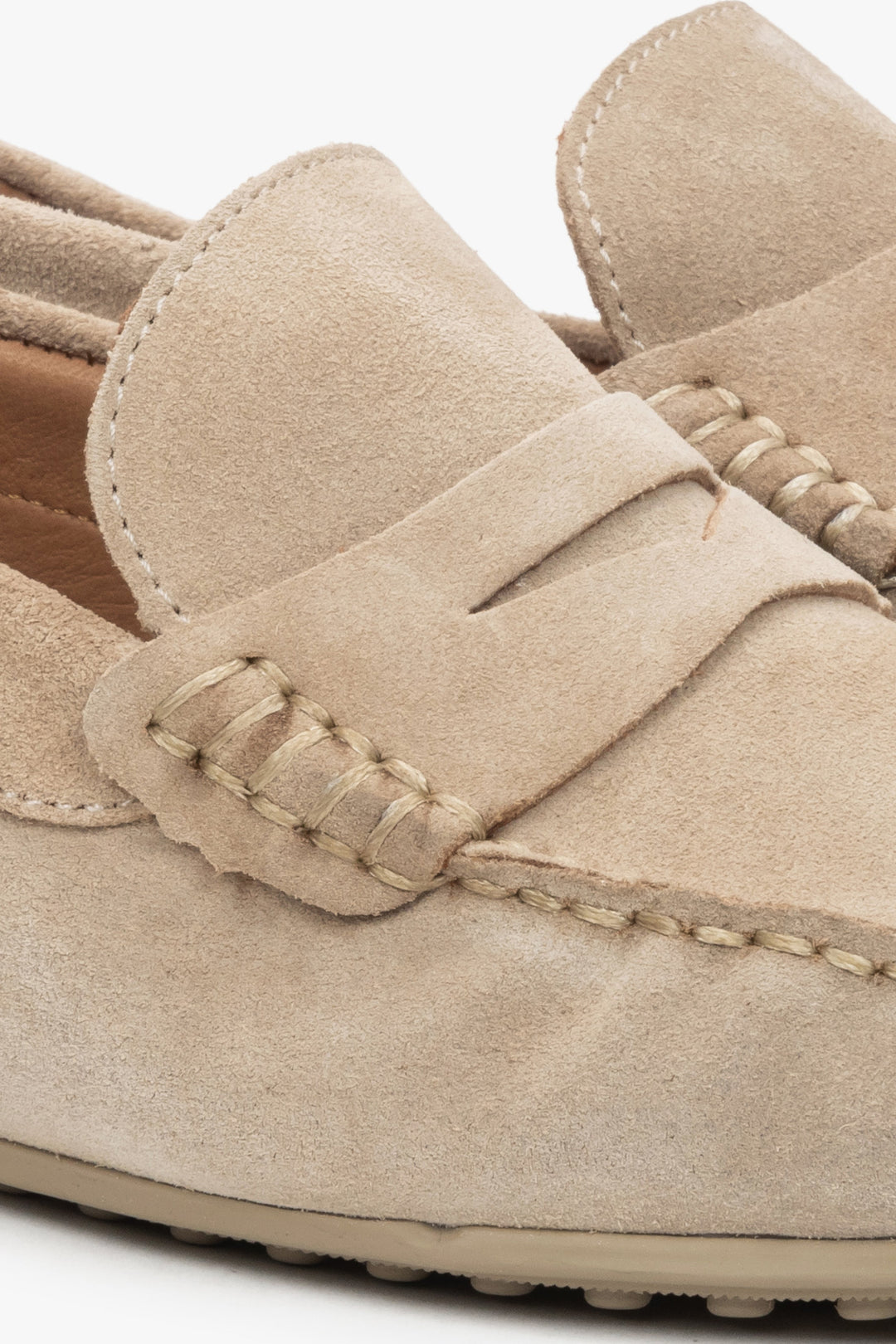 Beige velour men’s moccasins – details.