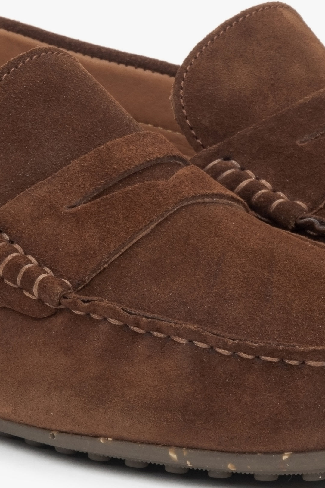 Dark brown velour men’s moccasins – details.