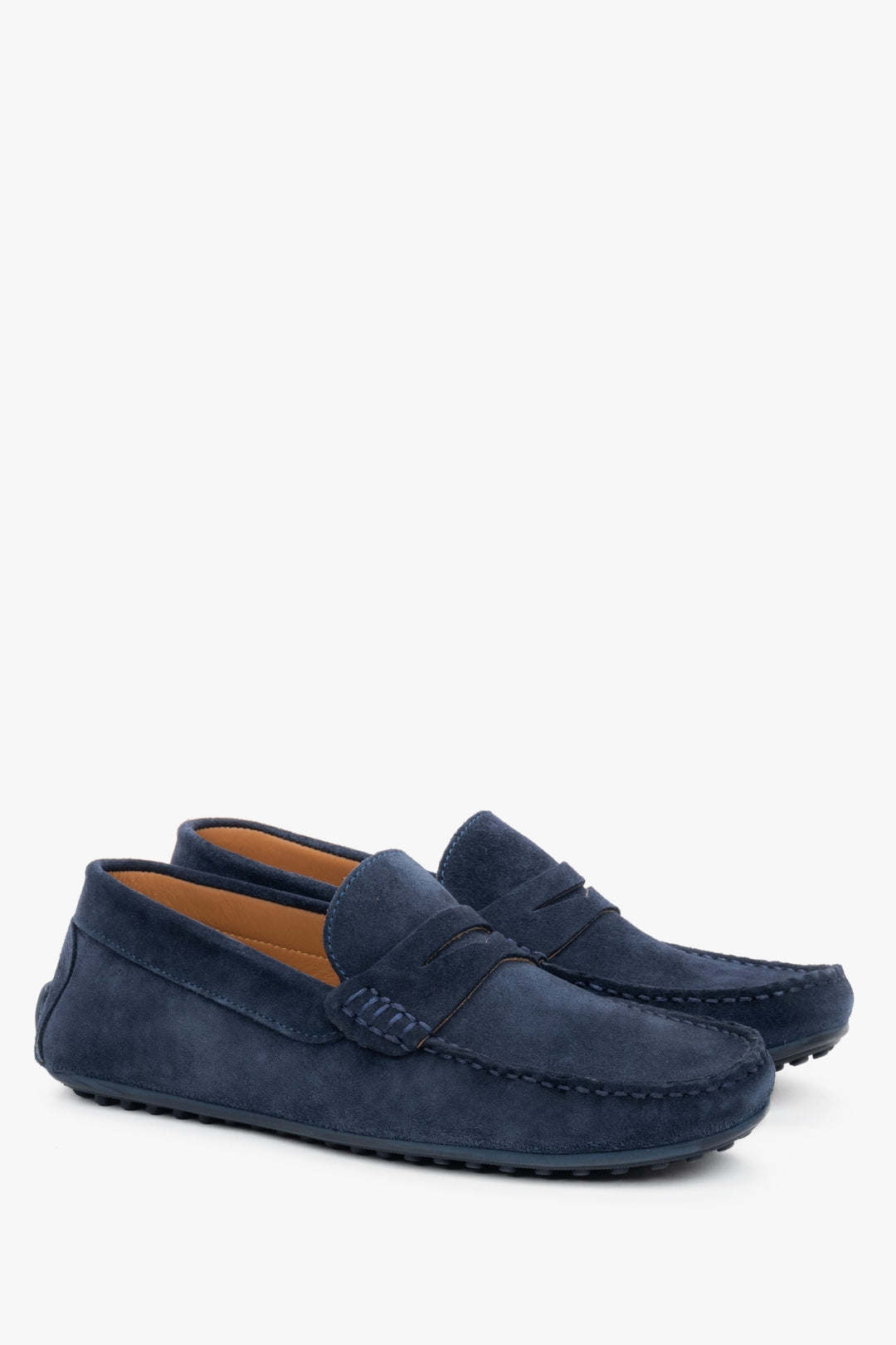 Navy blue men's loafers made of natural velour.