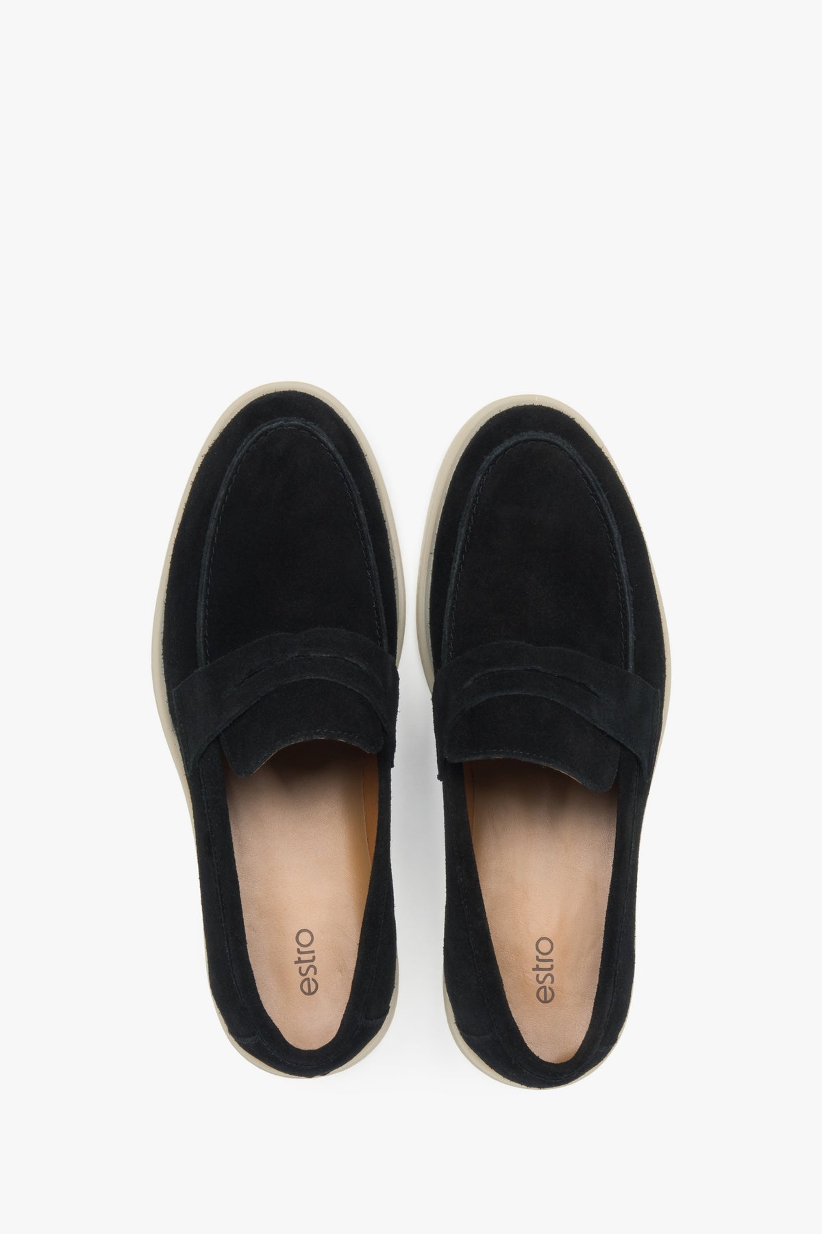 Premium natural velour loafers by Estro in black – top view presentation.