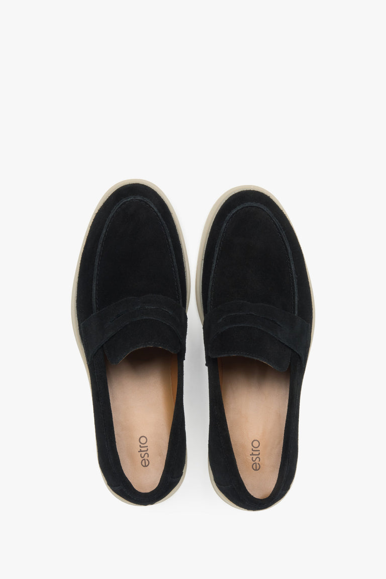 Premium natural velour loafers by Estro in black – top view presentation.