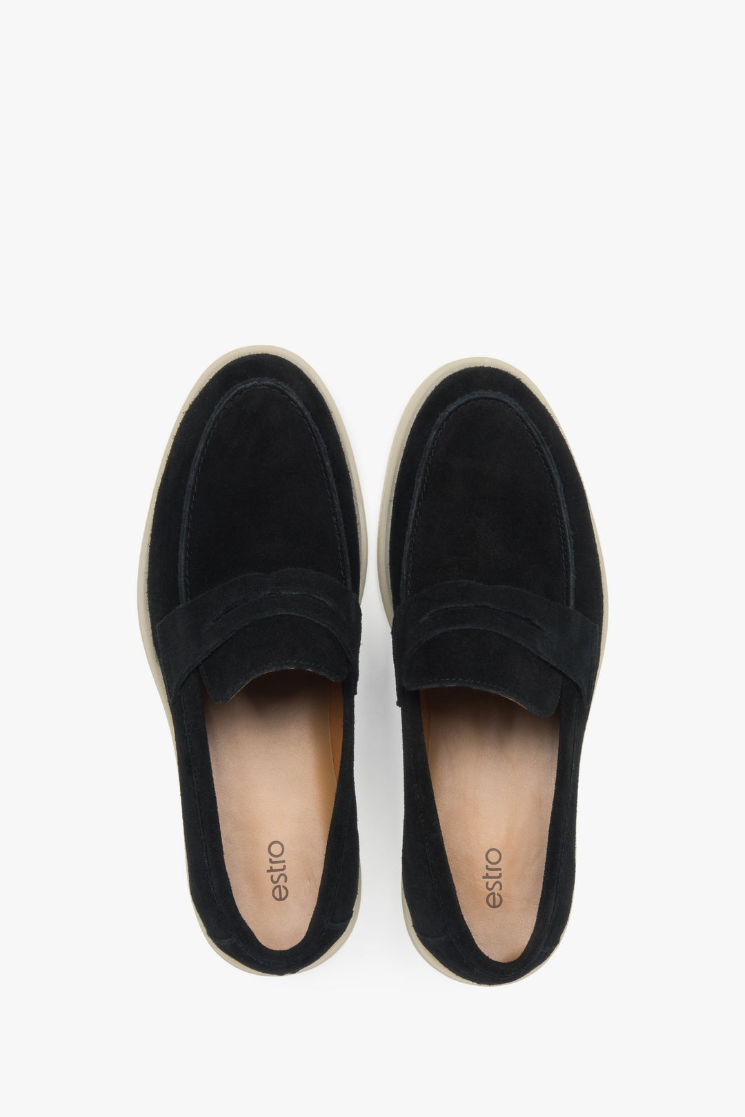 Premium natural velour loafers by Estro in black – top view presentation.