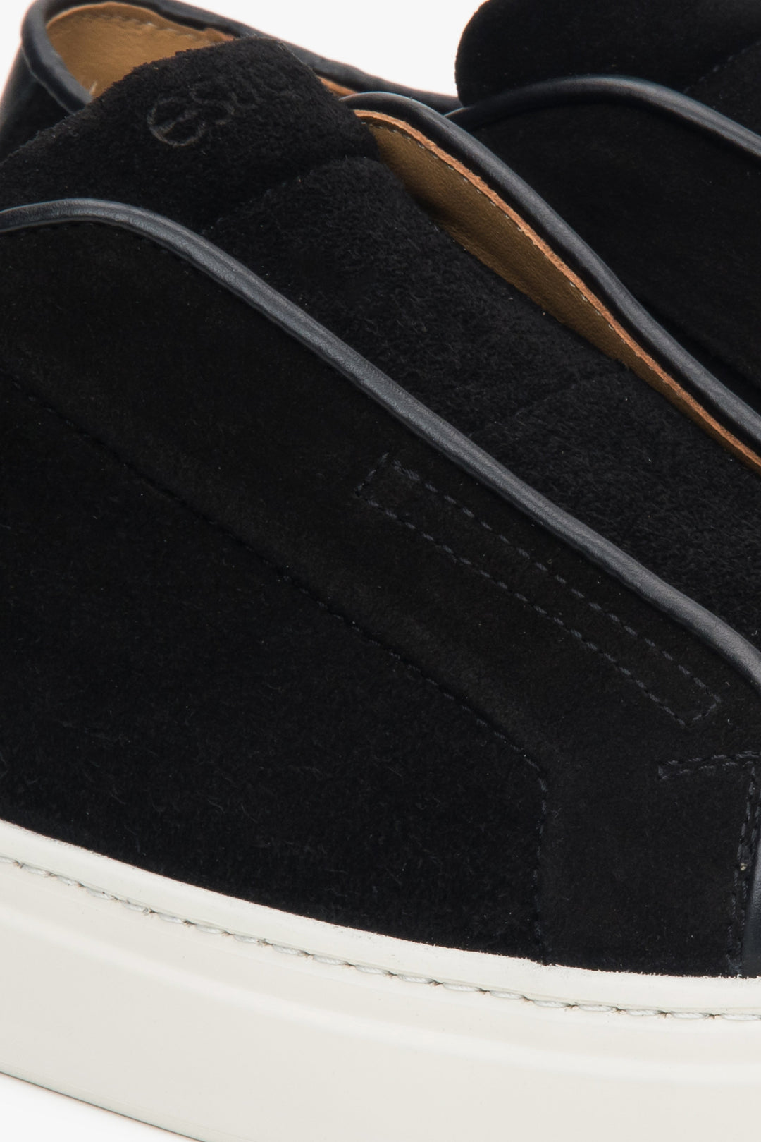 Black men's sneakers by Estro – a blend of Italian natural velour – close-up details.