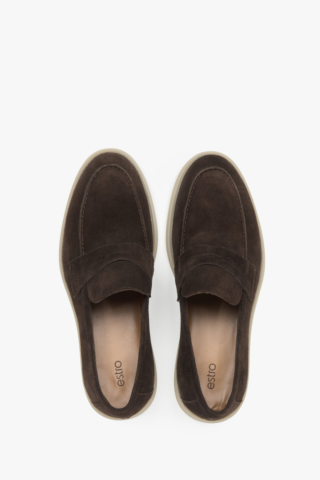 Premium natural velour loafers by Estro in dark brown - top view presentation.