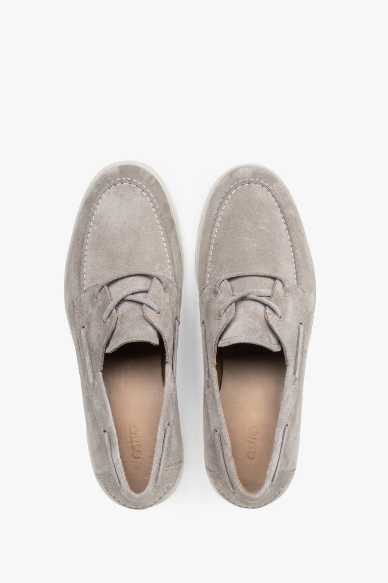 Men’s boat-style loafers, beige, made of premium Italian natural velour, Estro.