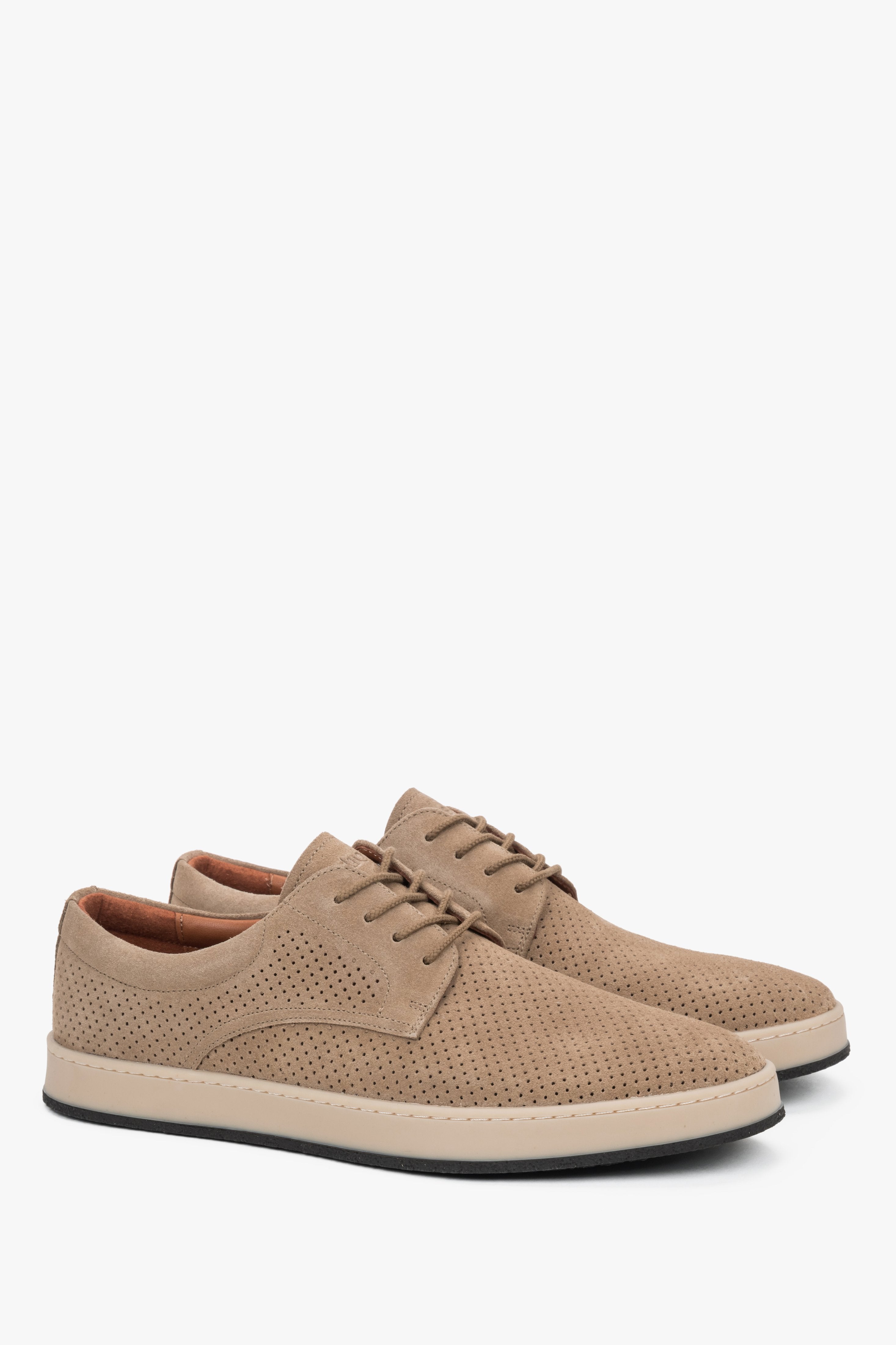 Men's beige natural nubuck perforated derbies with lace-up closure, Estro.