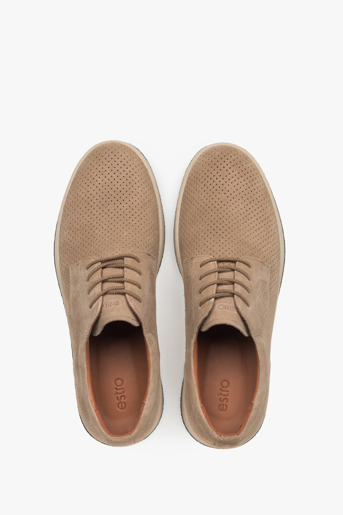 Men's breathable nubuck derbies in a sand-beige tone with a rubber sole.