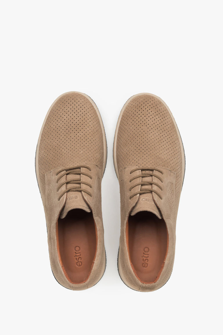 Men's breathable nubuck derbies in a sand-beige tone with a rubber sole.