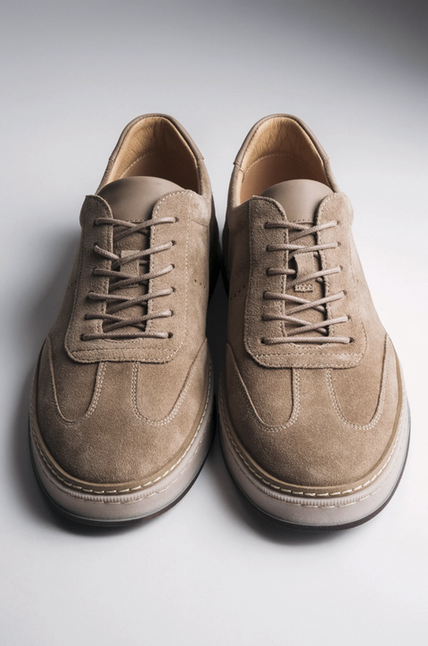 Modern men’s beige sneakers in genuine velour with durable flexible sole Estro