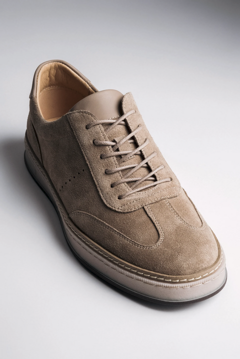 Comfortable beige velour sneakers for men with shock-absorbing flexible sole