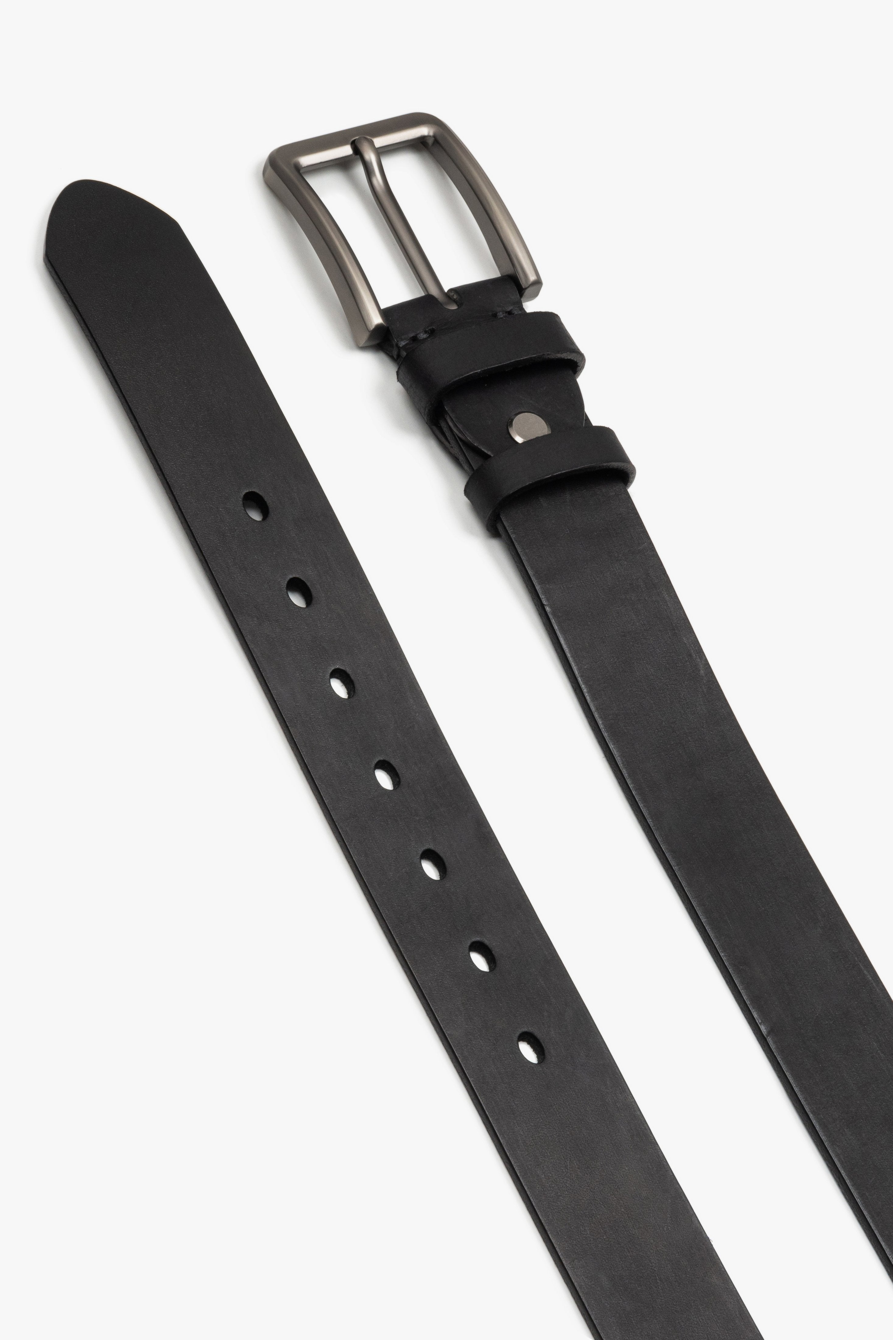 Black genuine leather belt for men featuring a smooth finish and silver buckle.