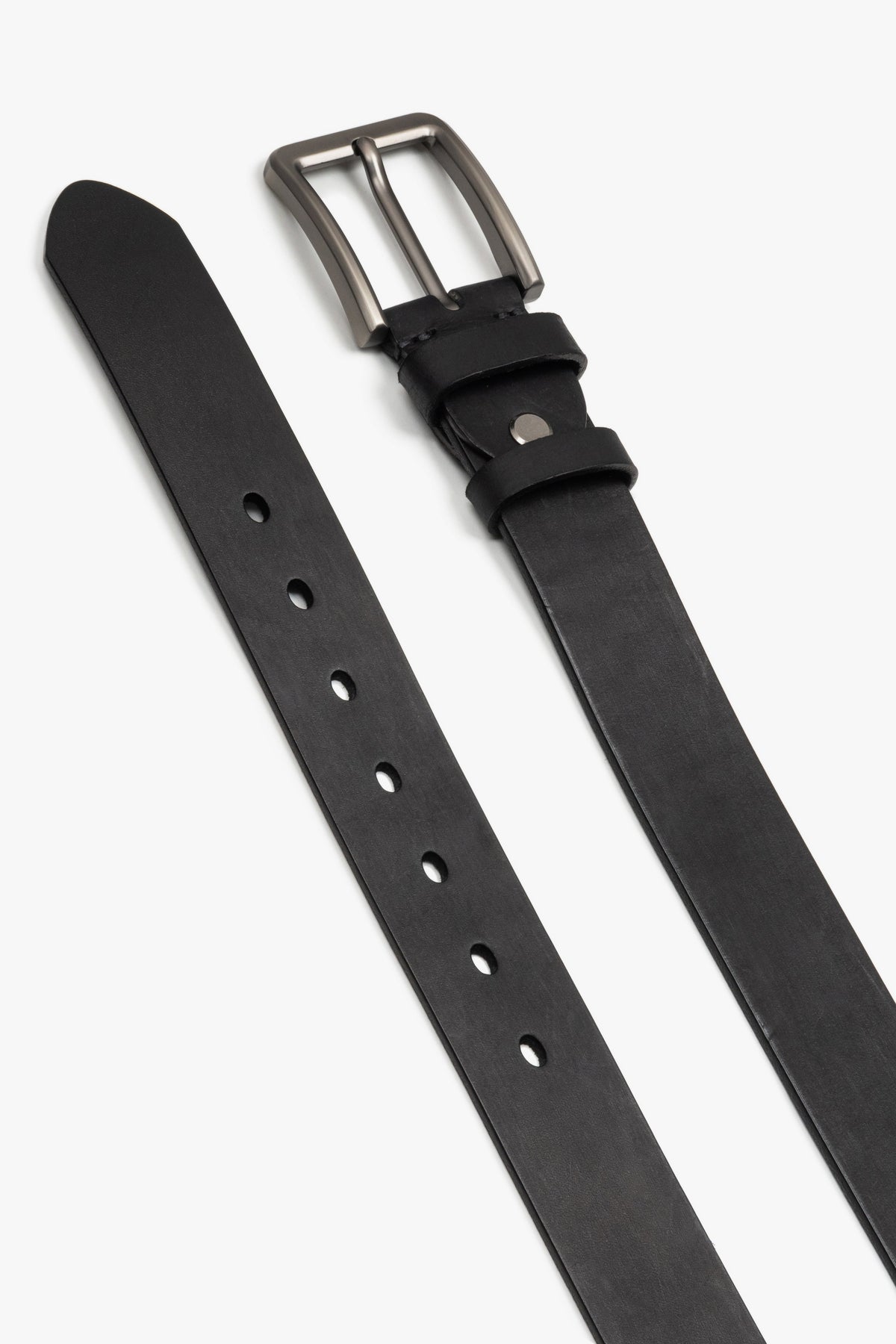 Black genuine leather belt for men featuring a smooth finish and silver buckle.