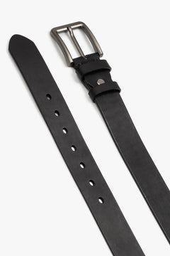 Black genuine leather belt for men featuring a smooth finish and silver buckle.