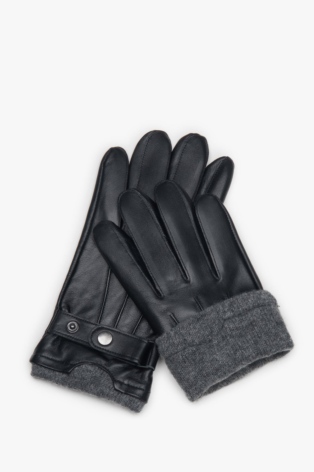 Men’s black genuine leather gloves with a decorative pin Estro.