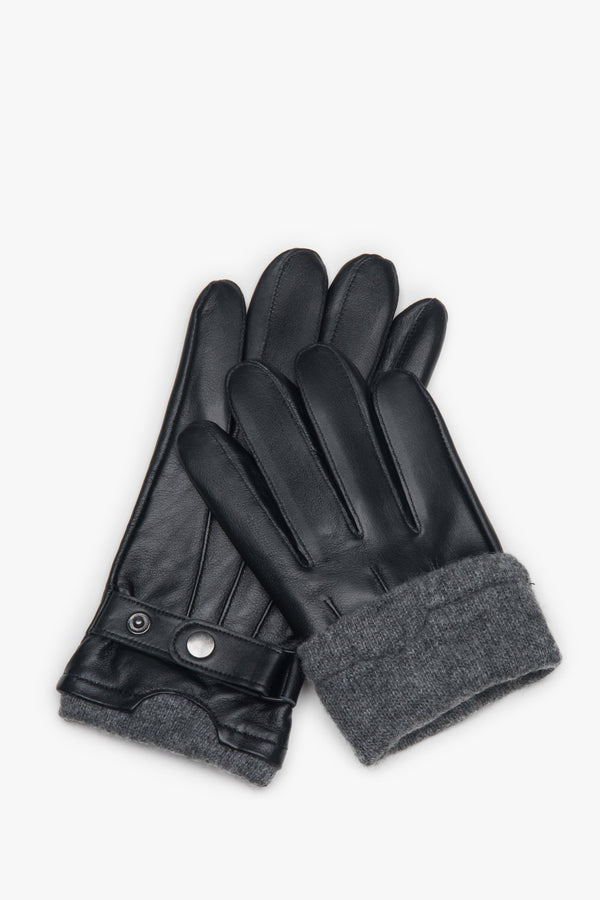 Men’s black genuine leather gloves with a decorative pin Estro.