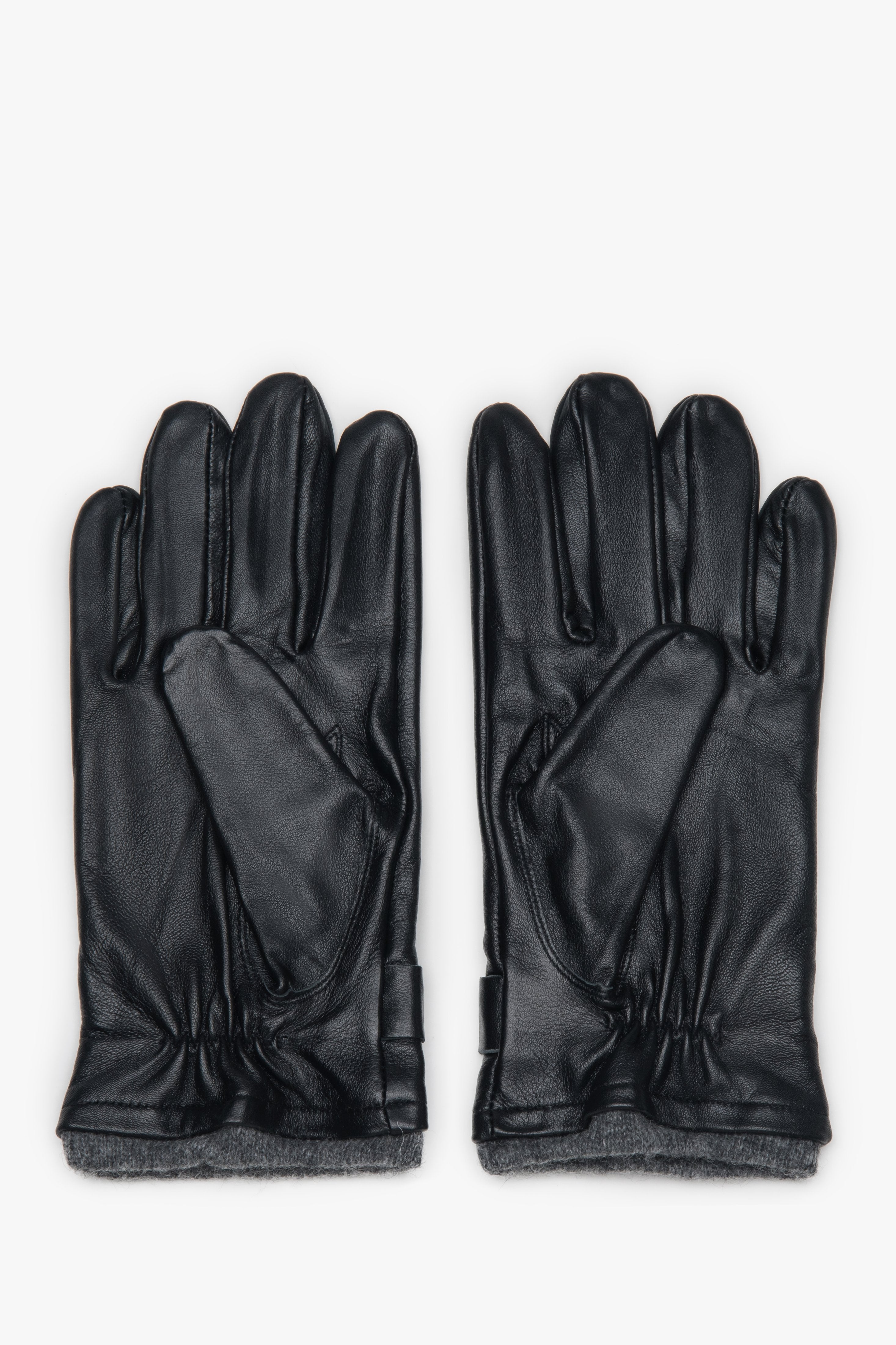 Estro men’s gloves, black, made of genuine leather, with a decorative pin.